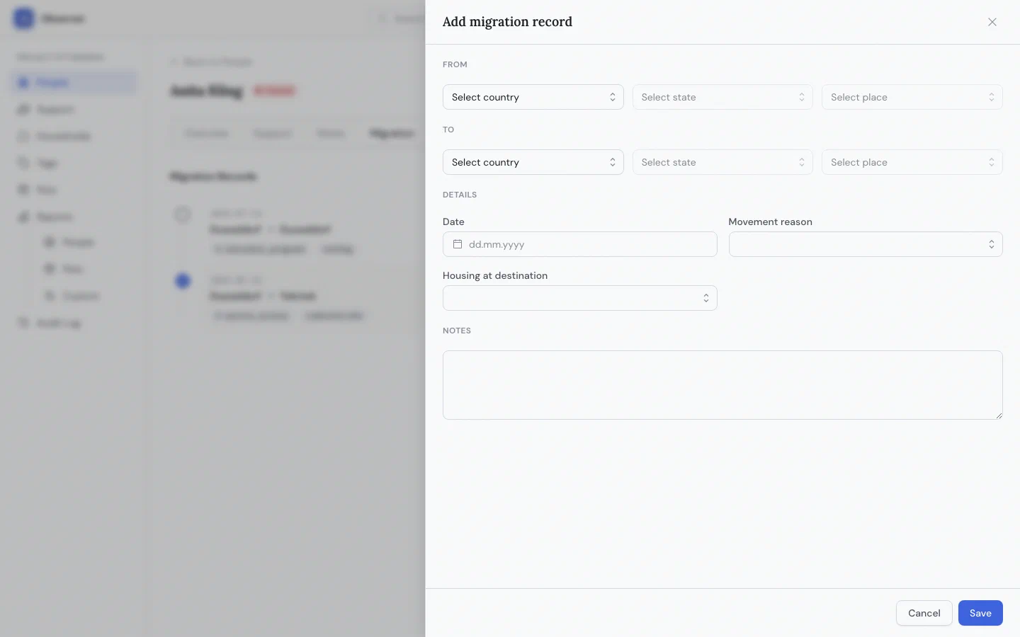Migration record form