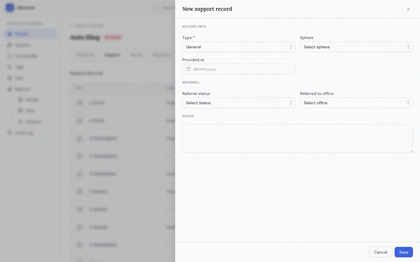 Support record form