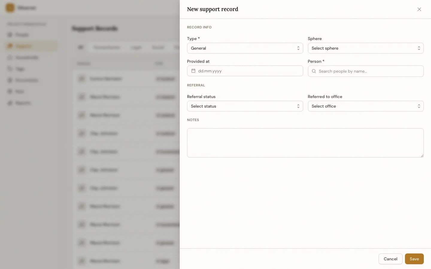 Support record form